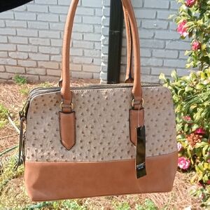 Mondani Two-Tone Faux-Ostrich Satchel in Beige and Tan